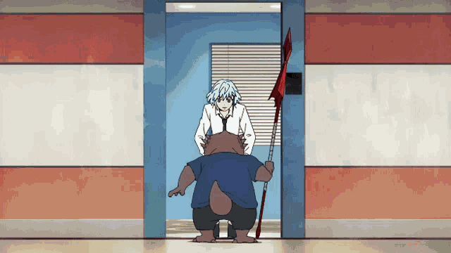 a man and a bear are standing next to each other in a doorway