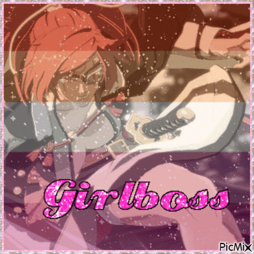 a picture of a girl playing a guitar with the words girlboss written in pink