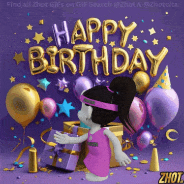 a girl in a pink dress stands in front of a happy birthday sign