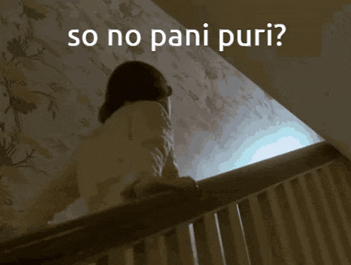 a person standing on a railing with the words so no pani puri