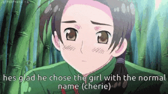 a cartoon character with the words he 's glad he chose the girl with the normal name ( cherie )