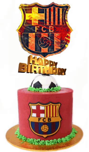 a birthday cake with a fcb logo and a soccer ball