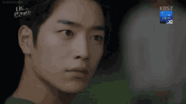 a close up of a man 's face with a kbs2 logo in the background