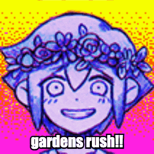 a cartoon character with a flower crown on her head is smiling and says `` gardens rush '' .