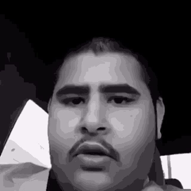 a man with a beard and mustache looks at the camera in a black and white photo