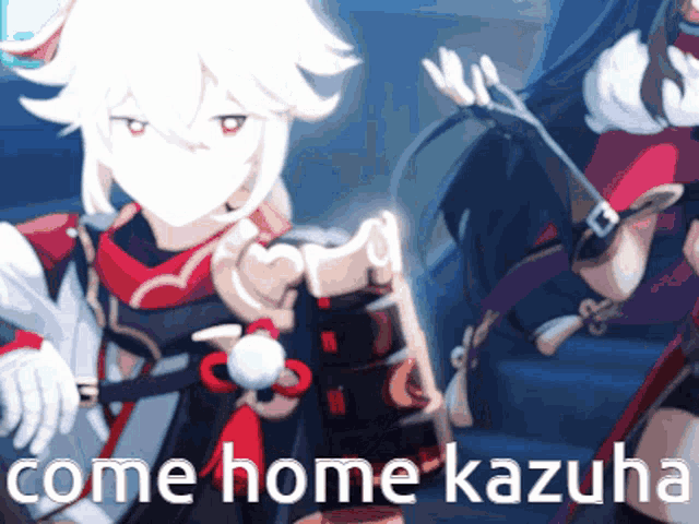 a cartoon character with the words come home kazuha above him