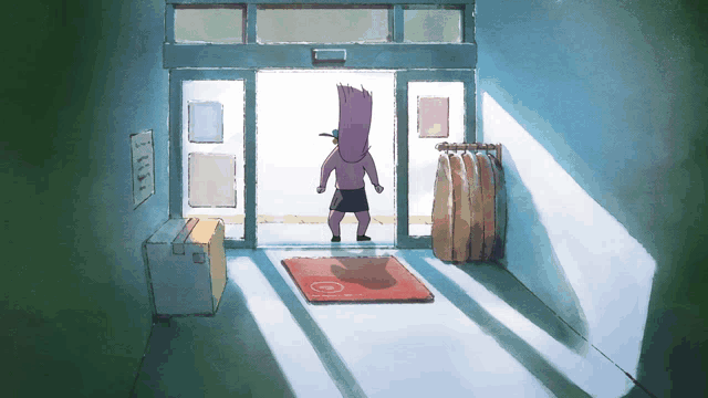 a cartoon drawing of a person standing in a doorway with a red mat with the number 10 on it