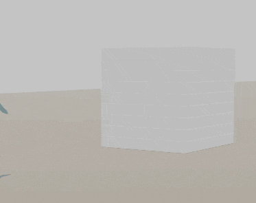 a girl is standing next to a white cube