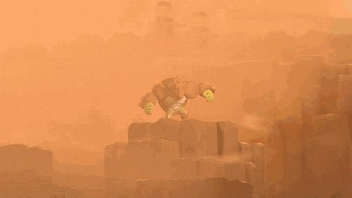 a cartoon character with horns is standing on top of a rocky cliff