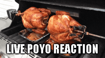 two roasted turkeys on a grill with the words live poyo reaction written below them