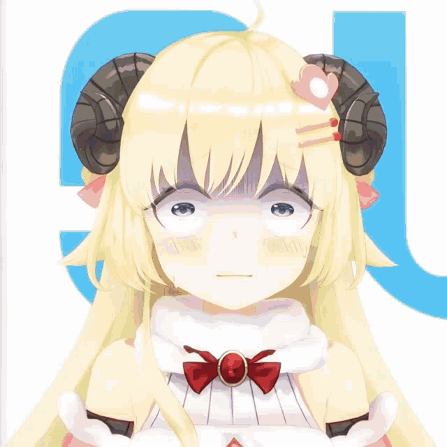 a girl with horns and a bow on her neck is making a surprised face
