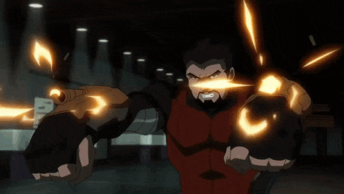 a man in a red suit is holding two fire balls