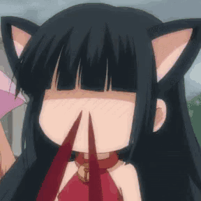 a girl with cat ears and a bell around her neck is covering her face with her hand .