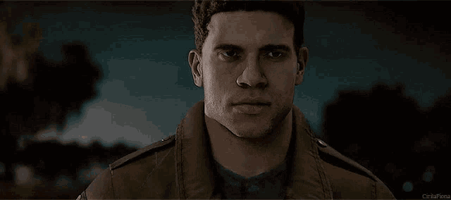 a close up of a man 's face in a video game with a caption that starts with the word " cinta "