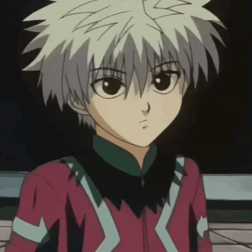 a cartoon character with white hair and a red and black jacket