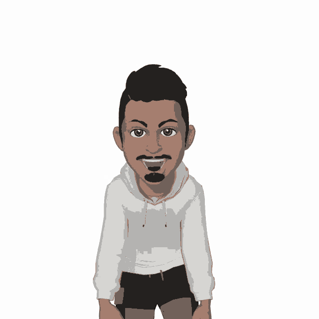 a cartoon of a man with a beard and mustache wearing a white hoodie and black shorts
