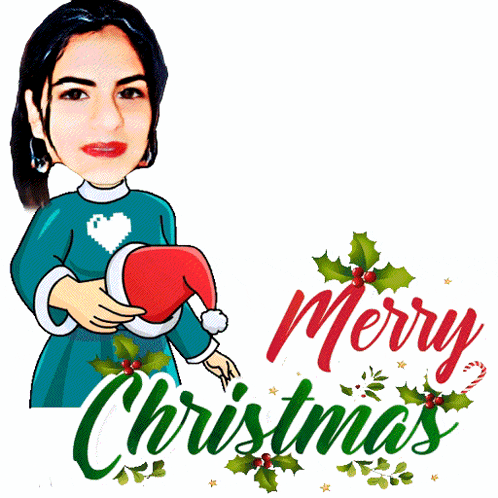 a cartoon of a woman holding a santa hat with the words merry christmas written below her