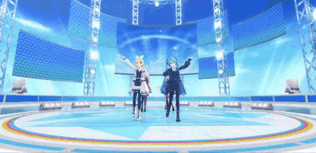 two anime girls are dancing on a stage with a blue background