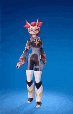a cartoon character with red hair and white pants stands in front of a blue background