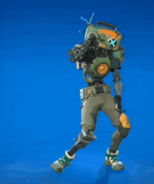 a video game character is dancing with a boombox on his head .