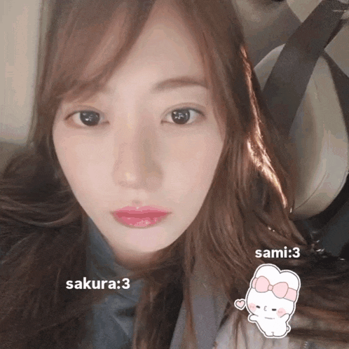 a close up of a woman 's face with the words sakura 3 and sami 3 below her