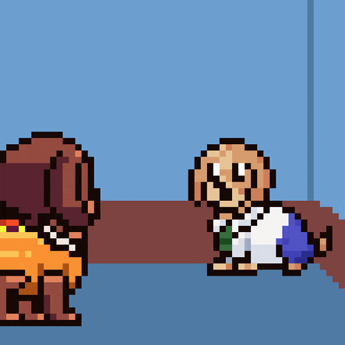a pixel art of a man and a dog talking