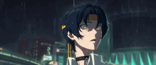 a girl with black hair and a yellow band around her head is standing in the rain