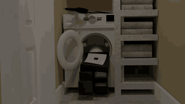 a 3d rendering of a washing machine in a closet