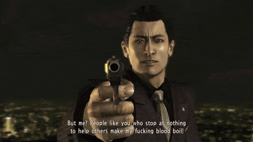 a man pointing a gun with the words but me people like you who stop at nothing to help others make my fucking blood boil below