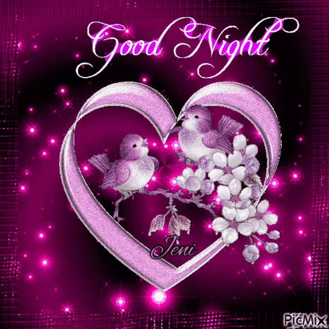 a purple heart with two birds inside of it and the words " good night "