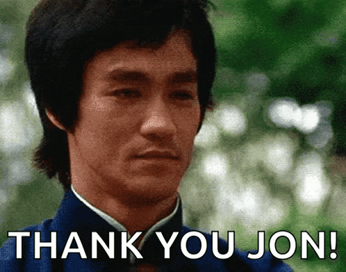 a man says thank you jon with a green background