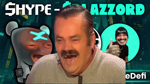 a man with a mustache is laughing in front of a sign that says shype azzard