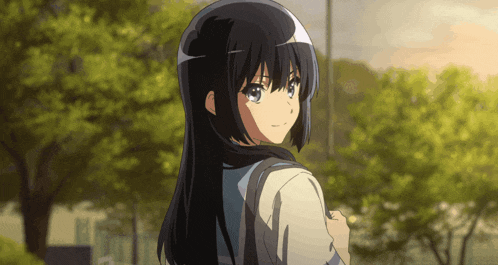 a girl with long black hair is wearing a white shirt