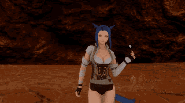 a woman with blue hair and a cat ear is standing with her arms outstretched in a video game
