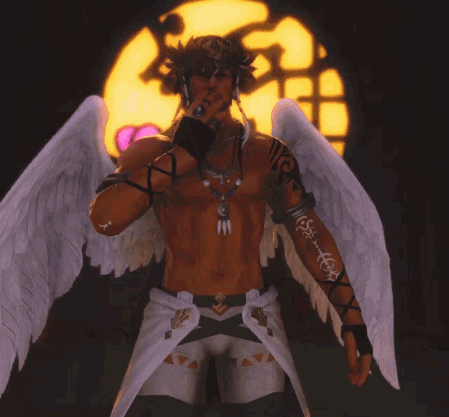 a man with angel wings is surrounded by pink hearts and a yellow light
