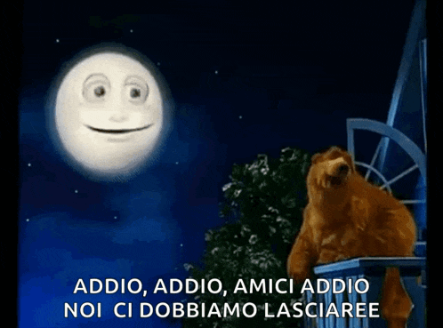 a bear sitting on a balcony with a smiling moon behind him