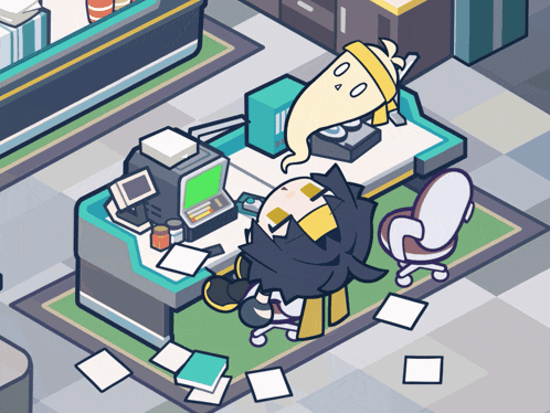 a cartoon character is sitting at a desk with papers on the floor