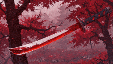 a bloody sword is hanging from a tree with red leaves in the background