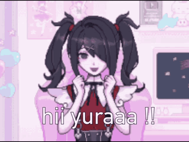 a pixel art drawing of a girl with pigtails and the words hii yuraaa