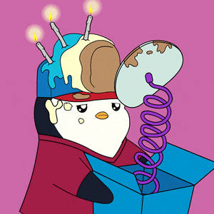 a cartoon of a penguin with a birthday cake and candles on his head