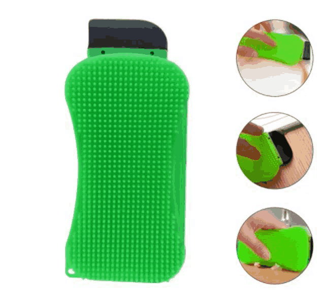 a green sponge that looks like a bottle is being used to clean a kitchen counter .