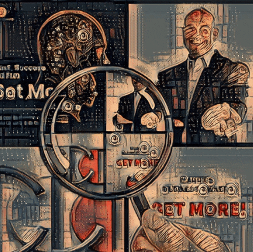 a drawing of a man with a magnifying glass and the words get more