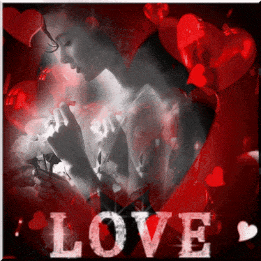 a black and white photo of a woman holding a rose with the word love in the corner