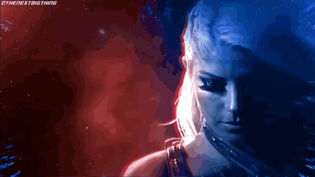 a close up of a woman 's face with a red , blue and white background .