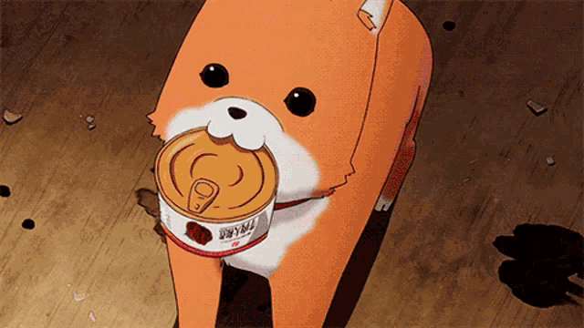 a cartoon dog is holding a can of food