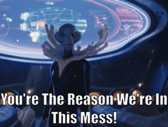 a picture of an alien with the words you 're the reason we 're in this mess