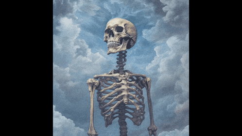 a drawing of a skeleton with a skull in the sky