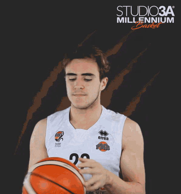 a man in a white jersey with the number 22 on it holds a basketball