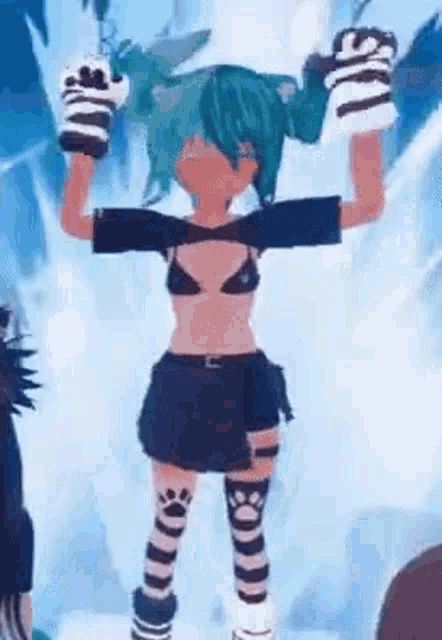 a girl in a bikini and striped socks is standing in front of a waterfall holding her arms up .