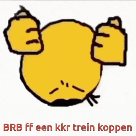 a yellow smiley face with the words brb ff een kkr trein koppen written below it